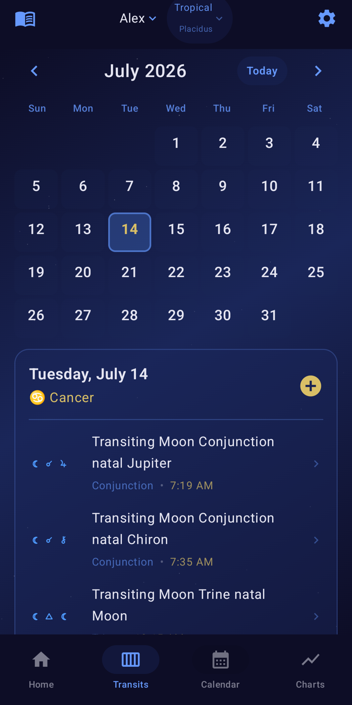 Monthly cosmic calendar with transit bars