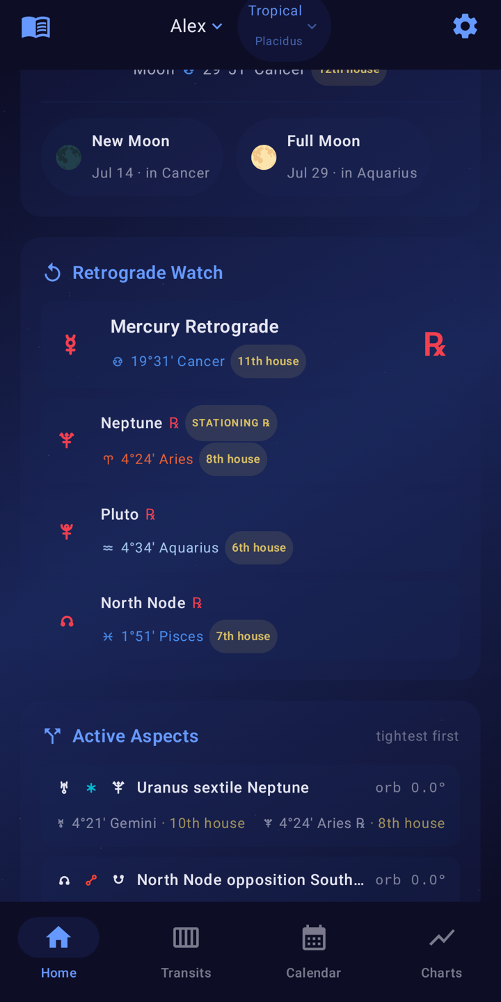 Retrograde watch and live aspects with exact degrees and natal houses